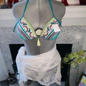Aqua Paisley Floral God Bead Trim 32D Swim Top